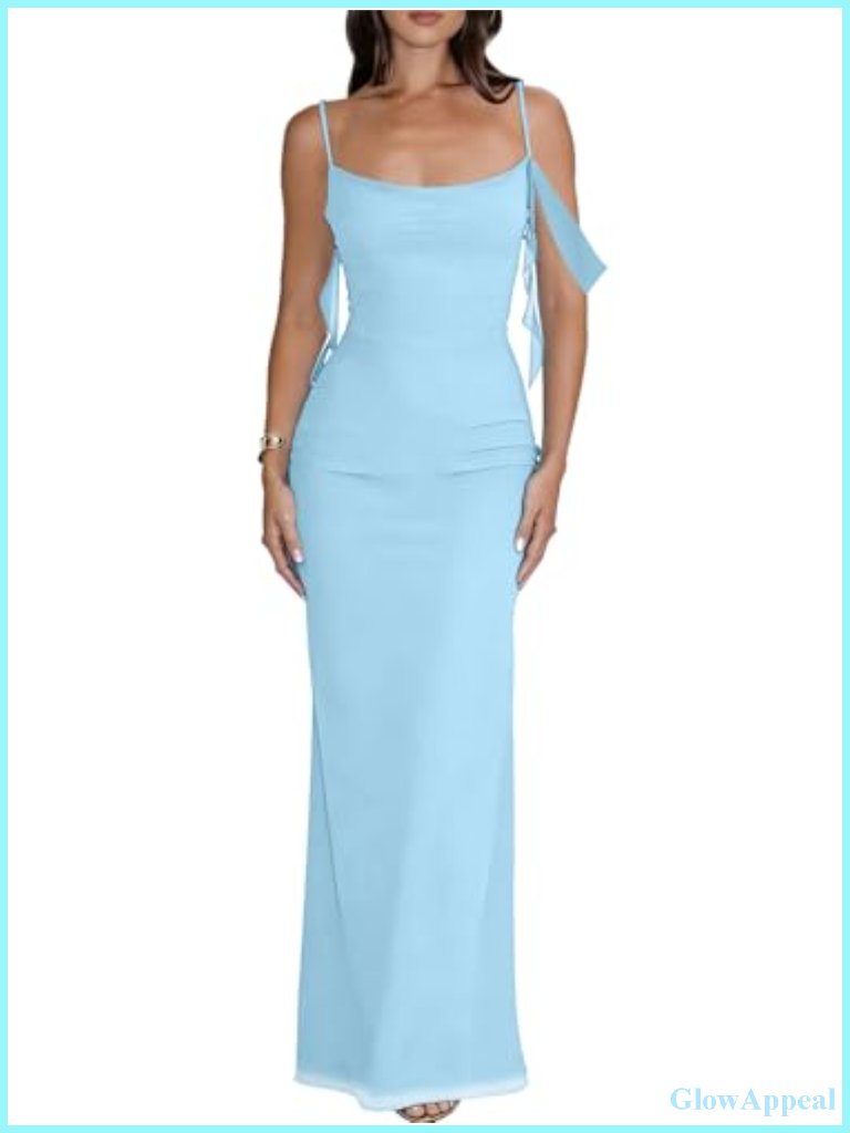Bodycon Maxi Dress Sleeveless Spaghetti Strap Square Neck Side Slit Formal
